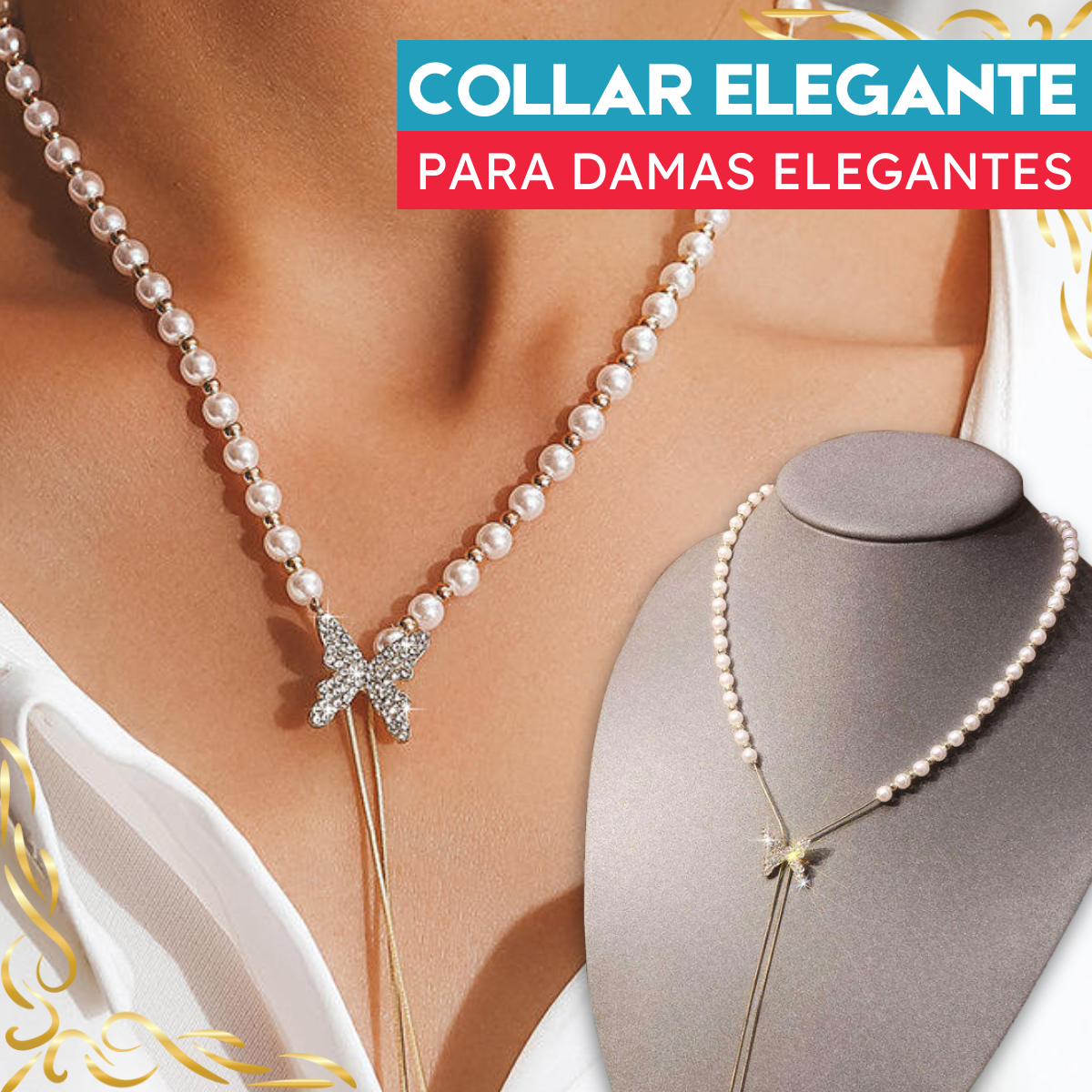 Collar elegante de perlas con mariposa